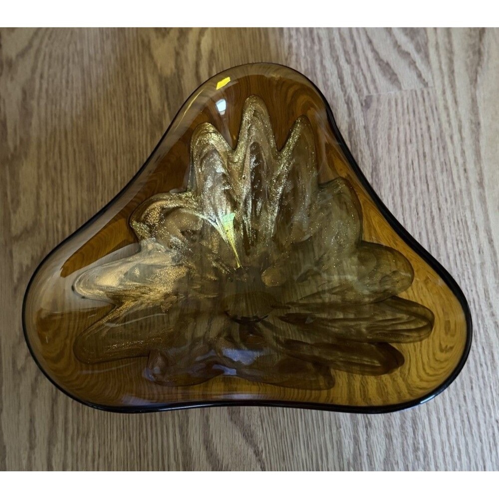Murano Princess House Art Glass Amber‎ Dish Bowl with Gold Fleck MCM Vintage 60s